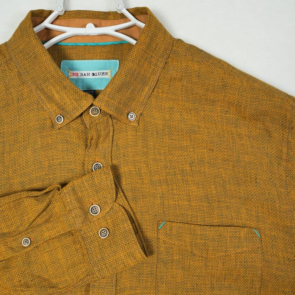 32 Bar Blues Mens‎ Size XL Mustard Ochre Linen Cotton Textured Button Down Shirt